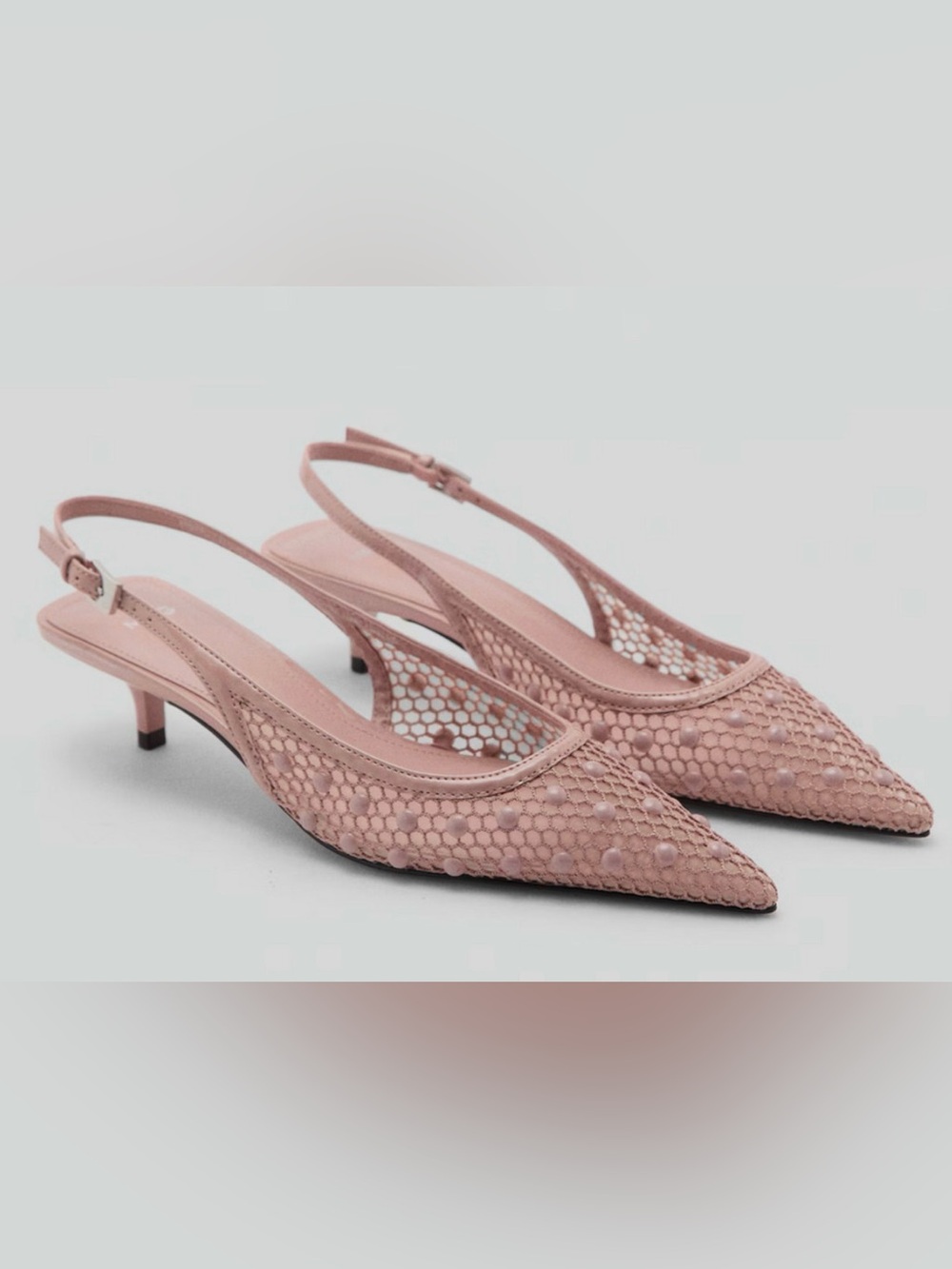 MANGO NUDE PINK MESH DOT BALL EMBELLISHED KITTEN HEELS SLINGBACK SHOES SZ 38 7.5